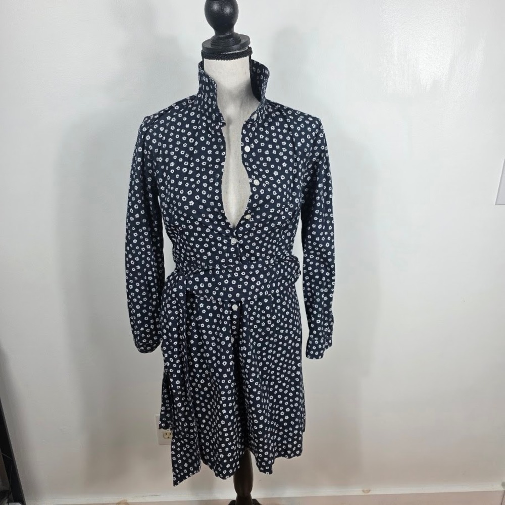 J.Crew Floral Shirtdress Women Size 4 Navy Blue White Daisy Belted Cotton